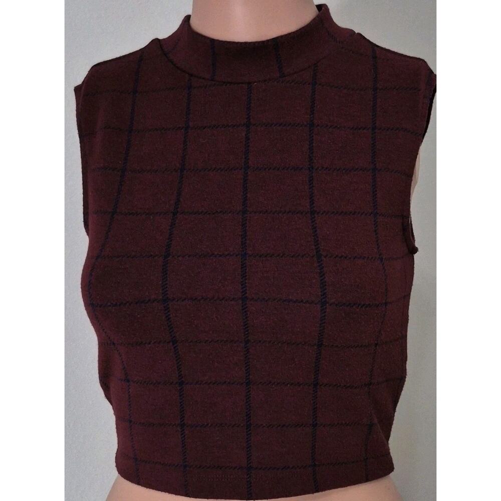 Hollister Plaid Cropped Tank Top S Burgundy Navy Mock Neck Fitted Y2K